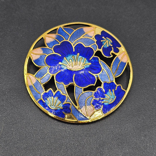 Round Enamel Brooch Pin - Blue and Gold with Flowers