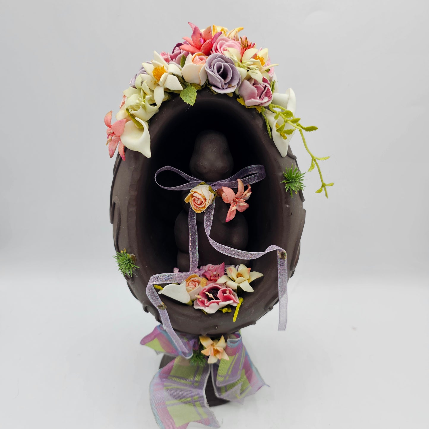 Faux Chocolate Easter Egg Decor with Bunny Rabbit and Foam Spring Flowers