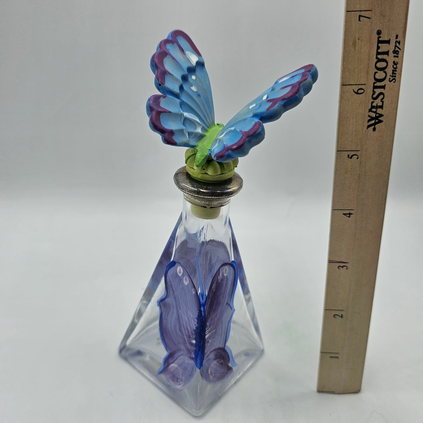 Hand Painted Glass Bottle with Figural Butterfly Stopper