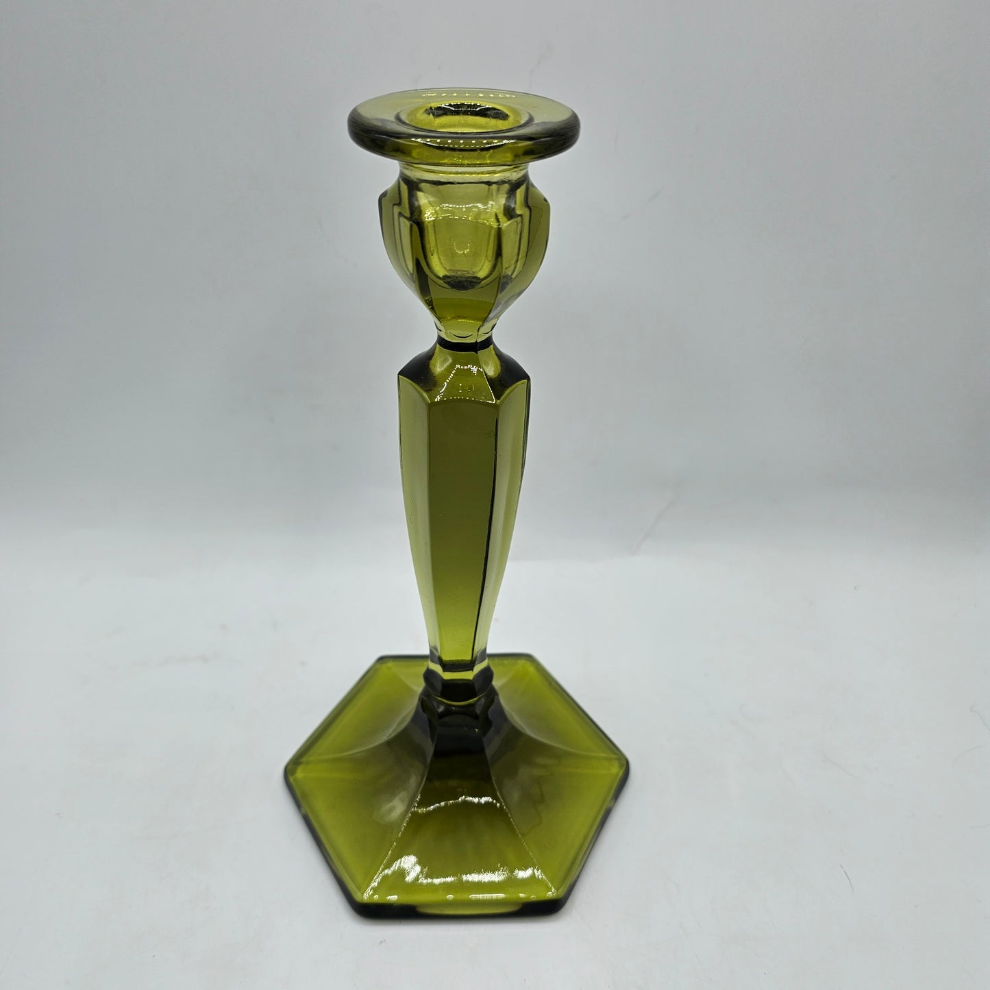 Vintage Fenton Avocado Green Glass Candlestick - 8.5" Tall