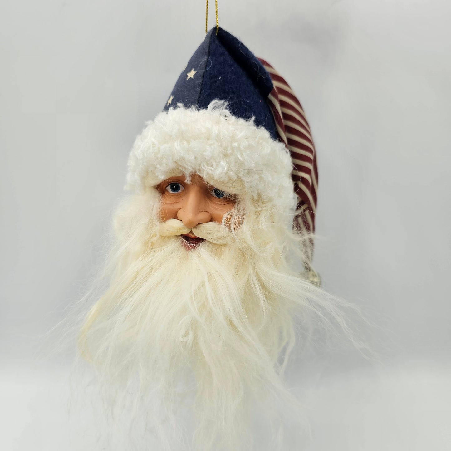 Patriotic Santa Head Christmas Tree Ornament with Flag Hat and Jingle Bell