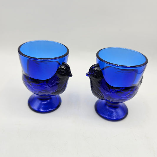 Cobalt Blue Glass Chicken Hen Rooster Egg Cups by Arcoroc of France - Set of 2
