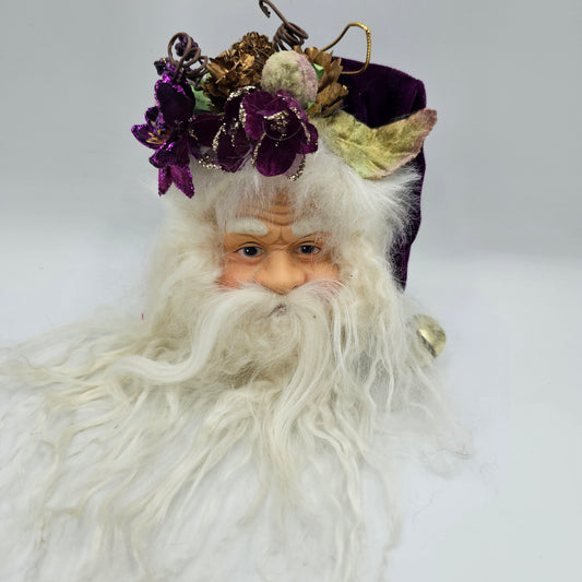 Woodland Santa Head Christmas Tree Ornament with Flowers and Jingle Bell