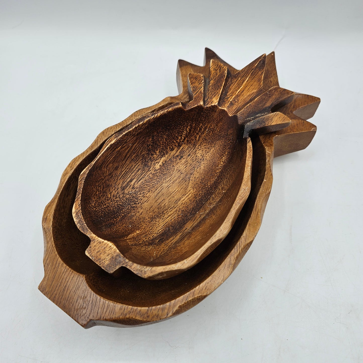 Vintage Carved Wood Nesting Pineapple Bowls - Set of 2