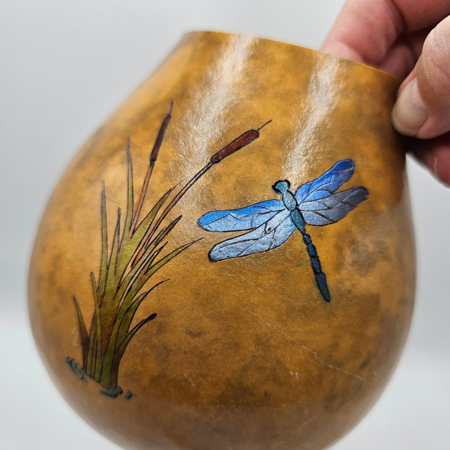 Carved, Painted and Signed Gourd Vase with Dragonfly and Bull Rushes