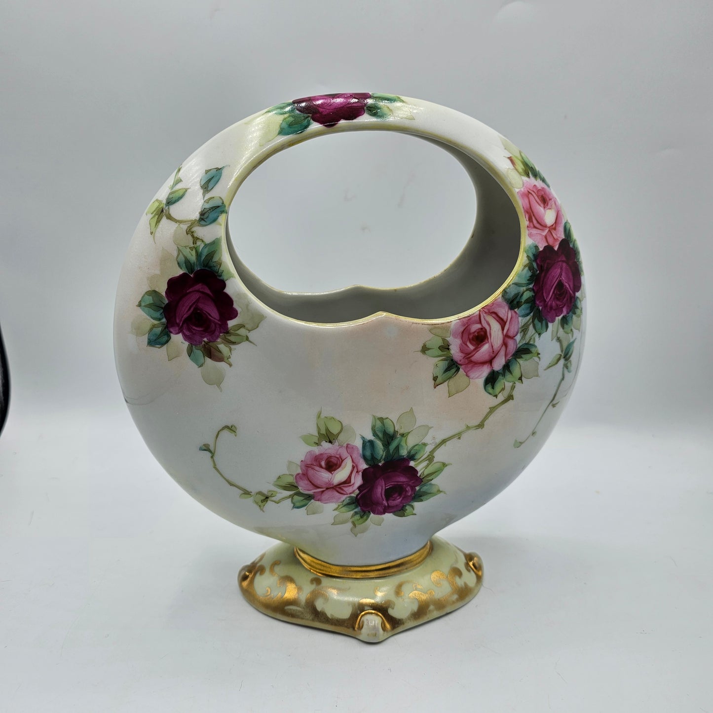 Antique Porcelain Basket Style Vase with Hand Painted Roses