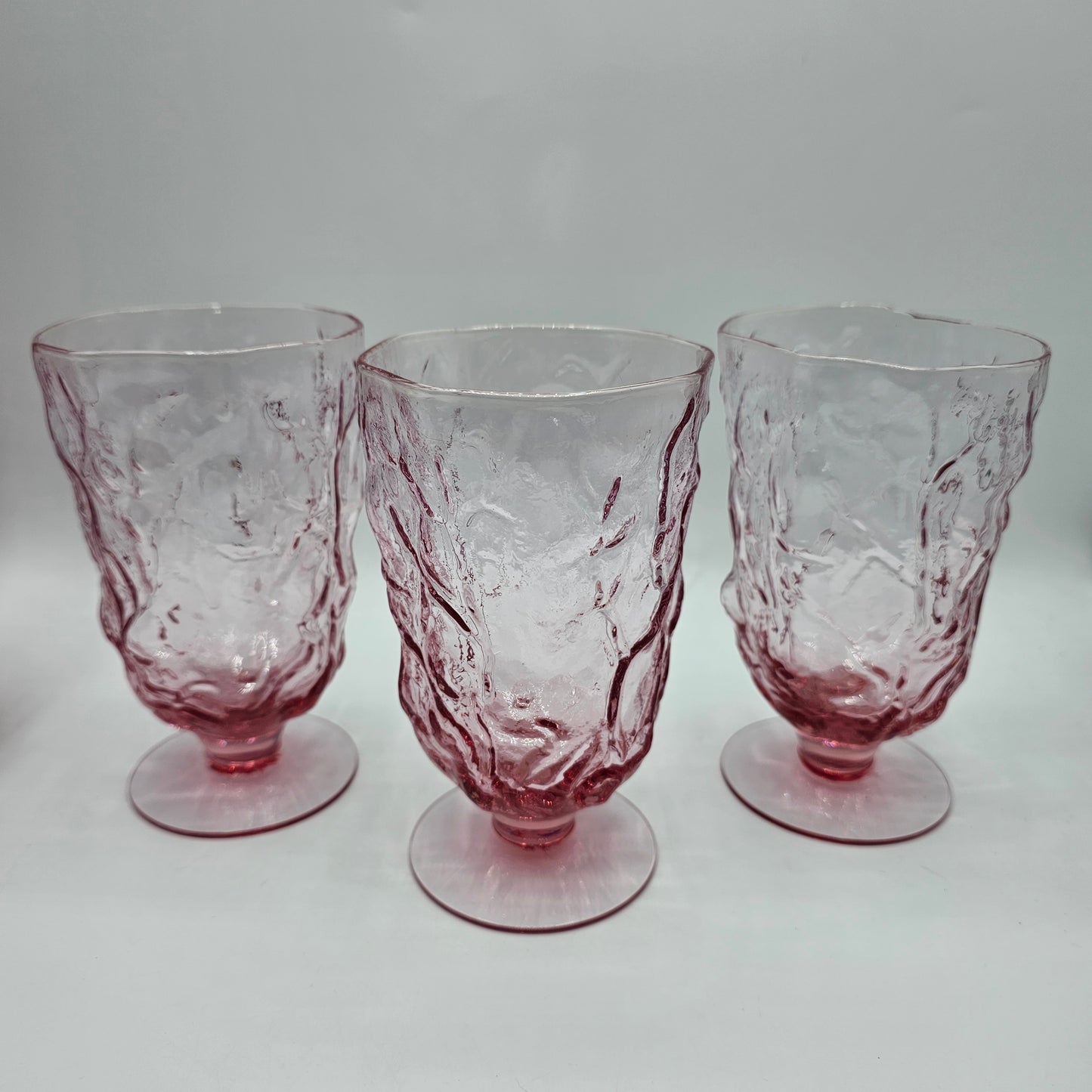 Pink Crinkle Glass Jug and 3 Pedestal Stemmed Wine Glass Goblets by Seneca