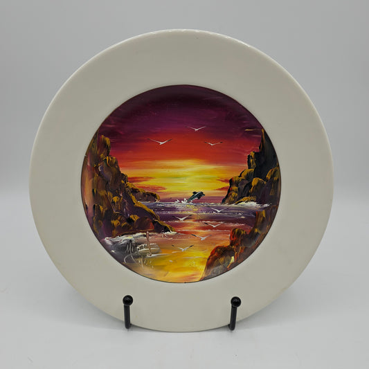 Original Signed Oil Painting of an Ocean Scene on Ceramic Plate by Artist Miguel Lopez Tula