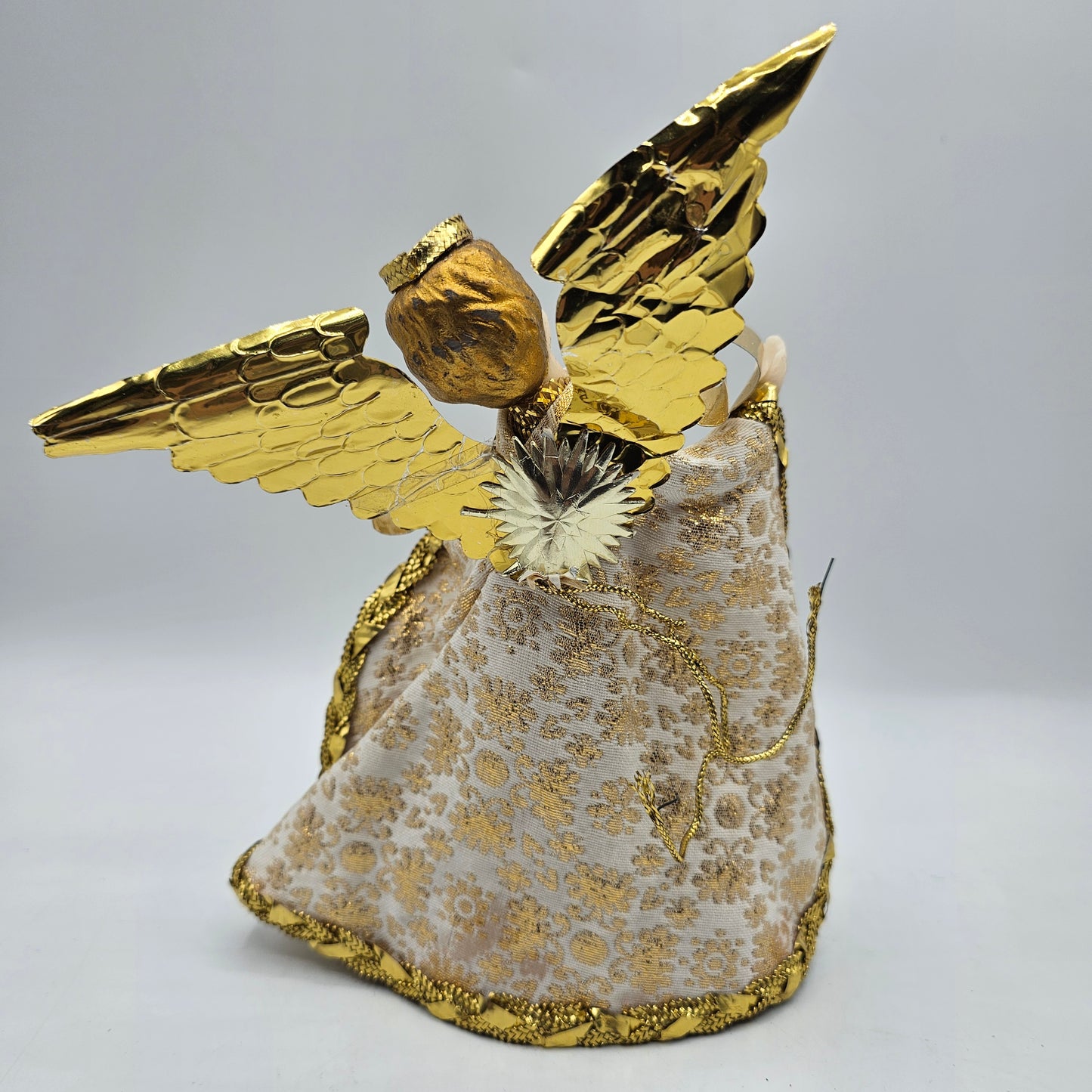 Vintage German Wax Face and Hands Gold Angel Tree Topper 1950's By Koestel (damage noted)