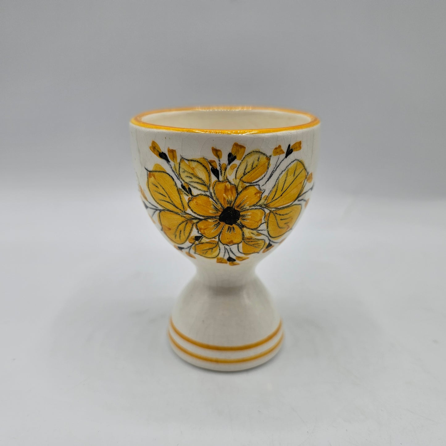 Hand Painted European Pottery Oversized Egg Cup with Yellow Flowers (naturally crazed)