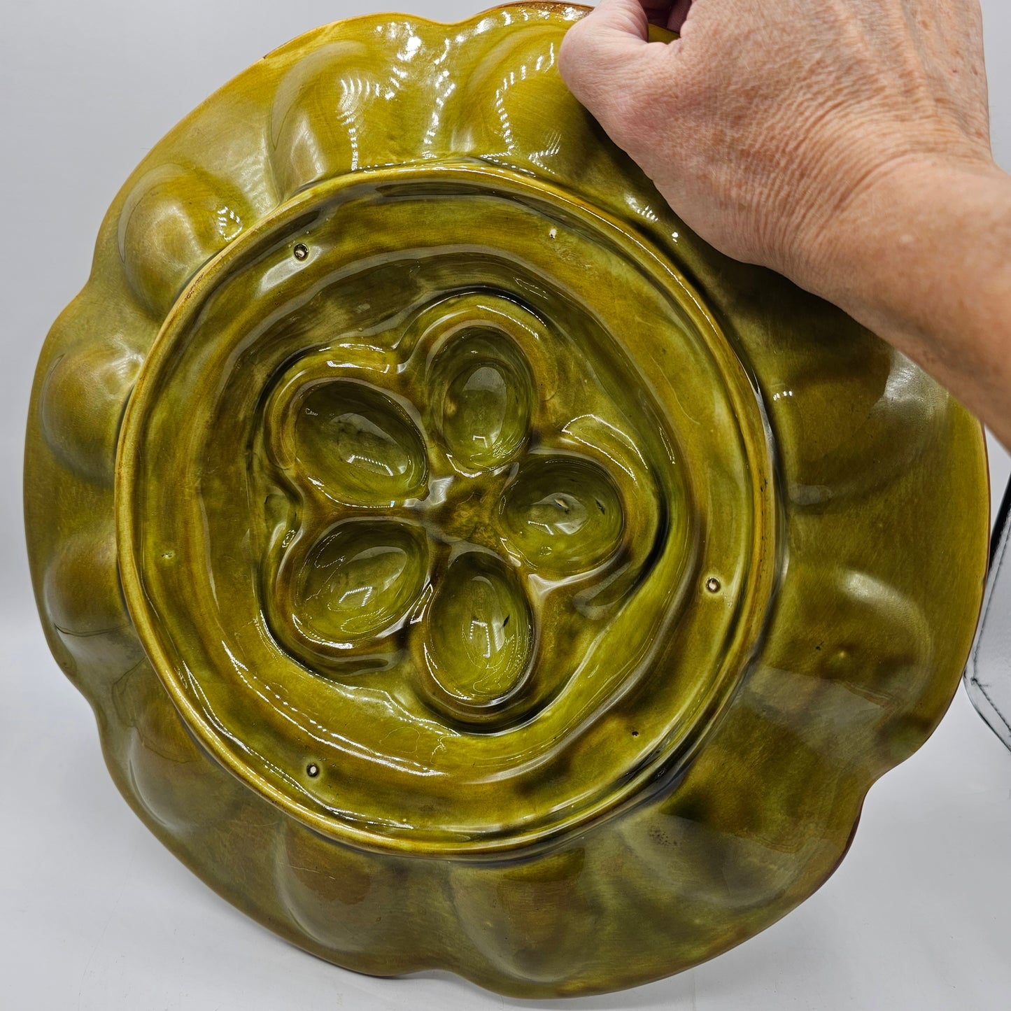 Vintage Avocado Green Glazed Devilved Egg Serving Dish with Eggs on a Nest