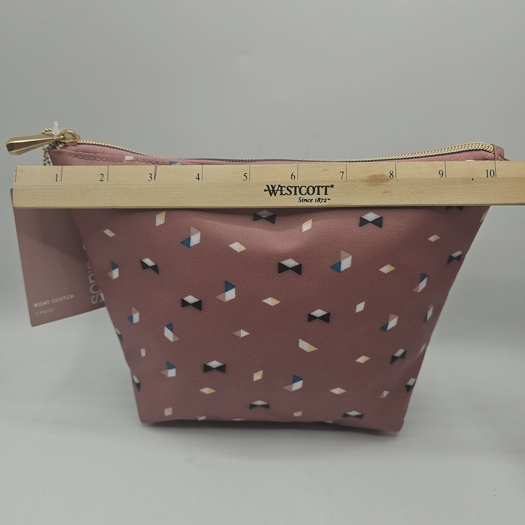 Sonia Kashuk Dusty Pink Boat Clutch - Zip Up Cosmetic Bag with Geometric Triangles Pattern