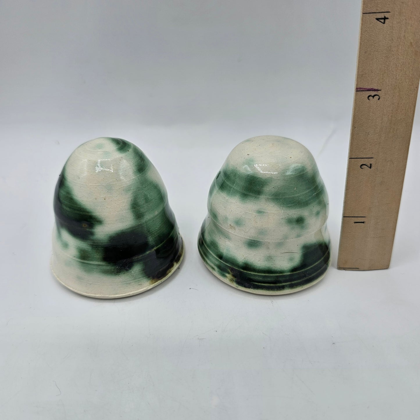 Artisan Pottery Funnel Style "Holeless" Salt and Pepper Shaker Set - White and Green Swirl