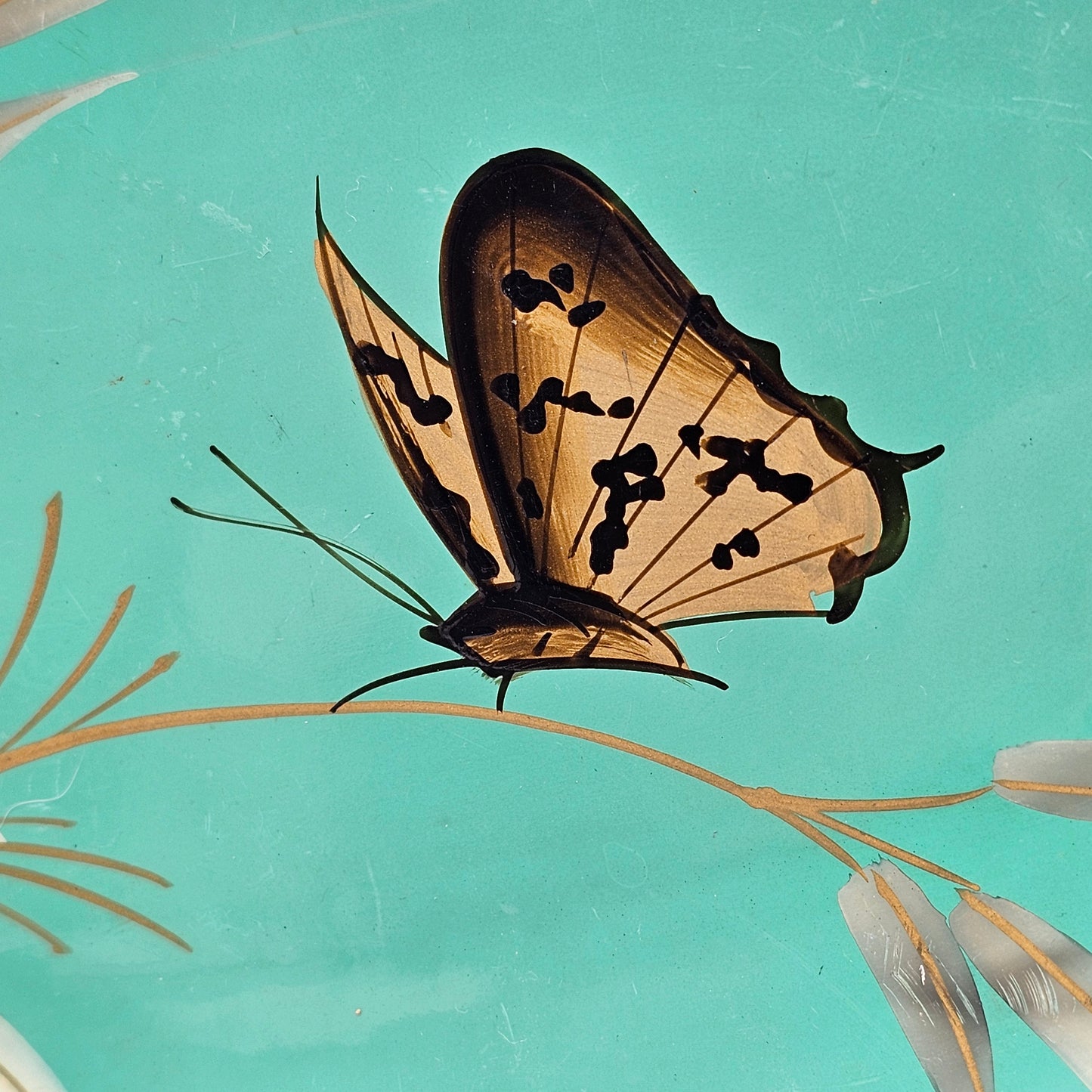 Vintage Turquoise Lacquerware with Hand Painted Butterfly by Catalina Woodenware of California