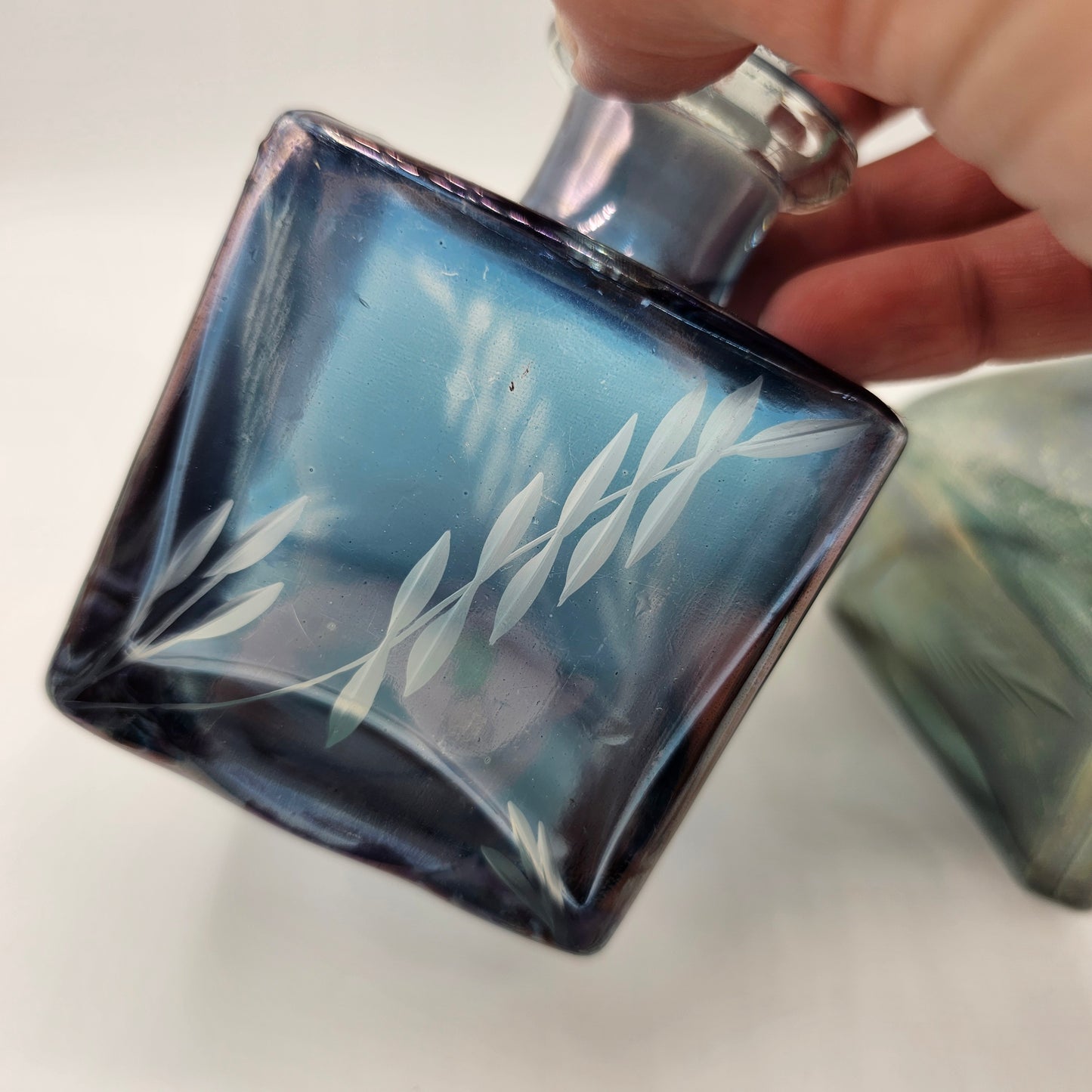 Etched Iridescent Glass Perfume Bottles with Ground Necks and Faceted Stoppers