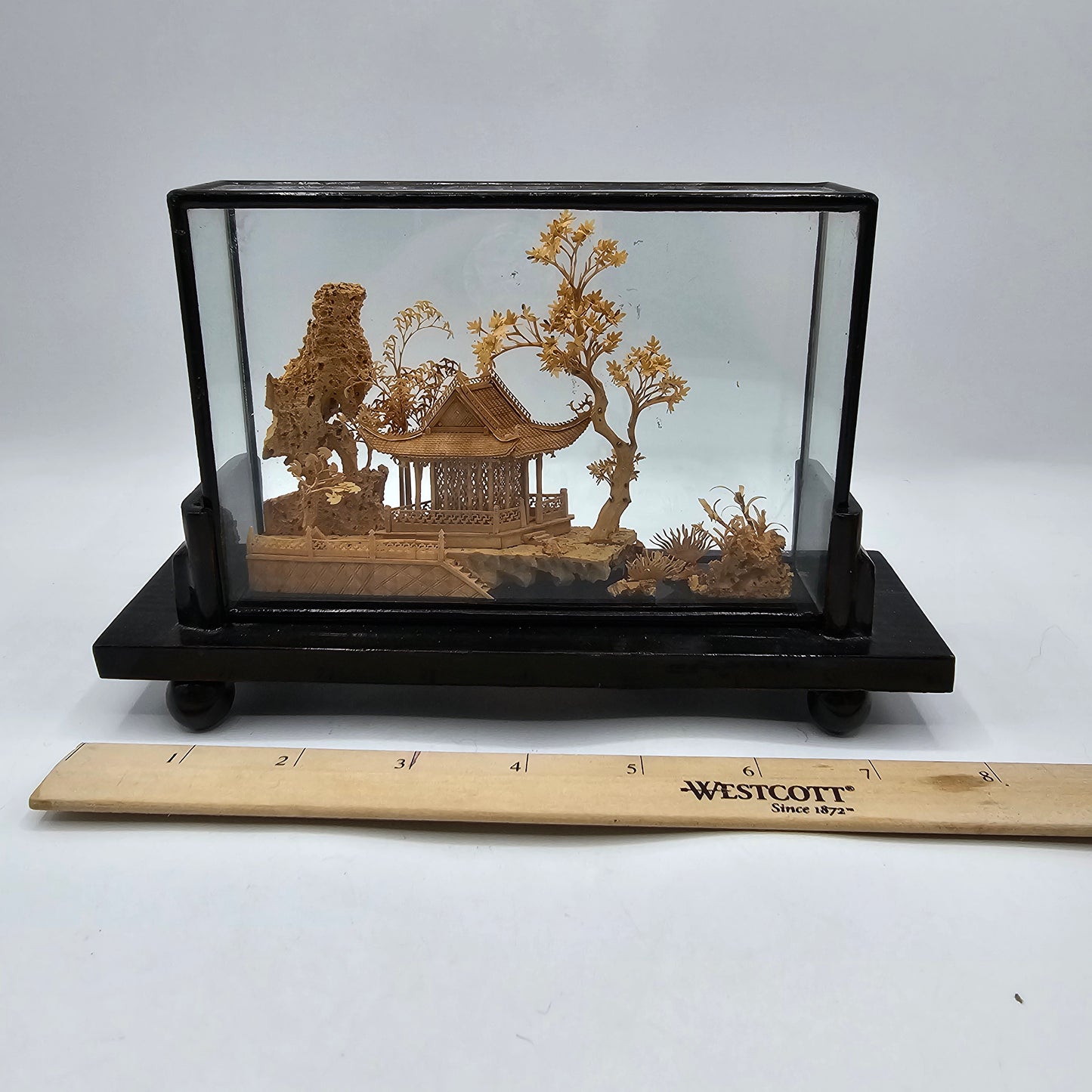 Vintage Chinese Hand Carved Cork Diorama Encased in a Black Lacquer and Glass Shadow Box