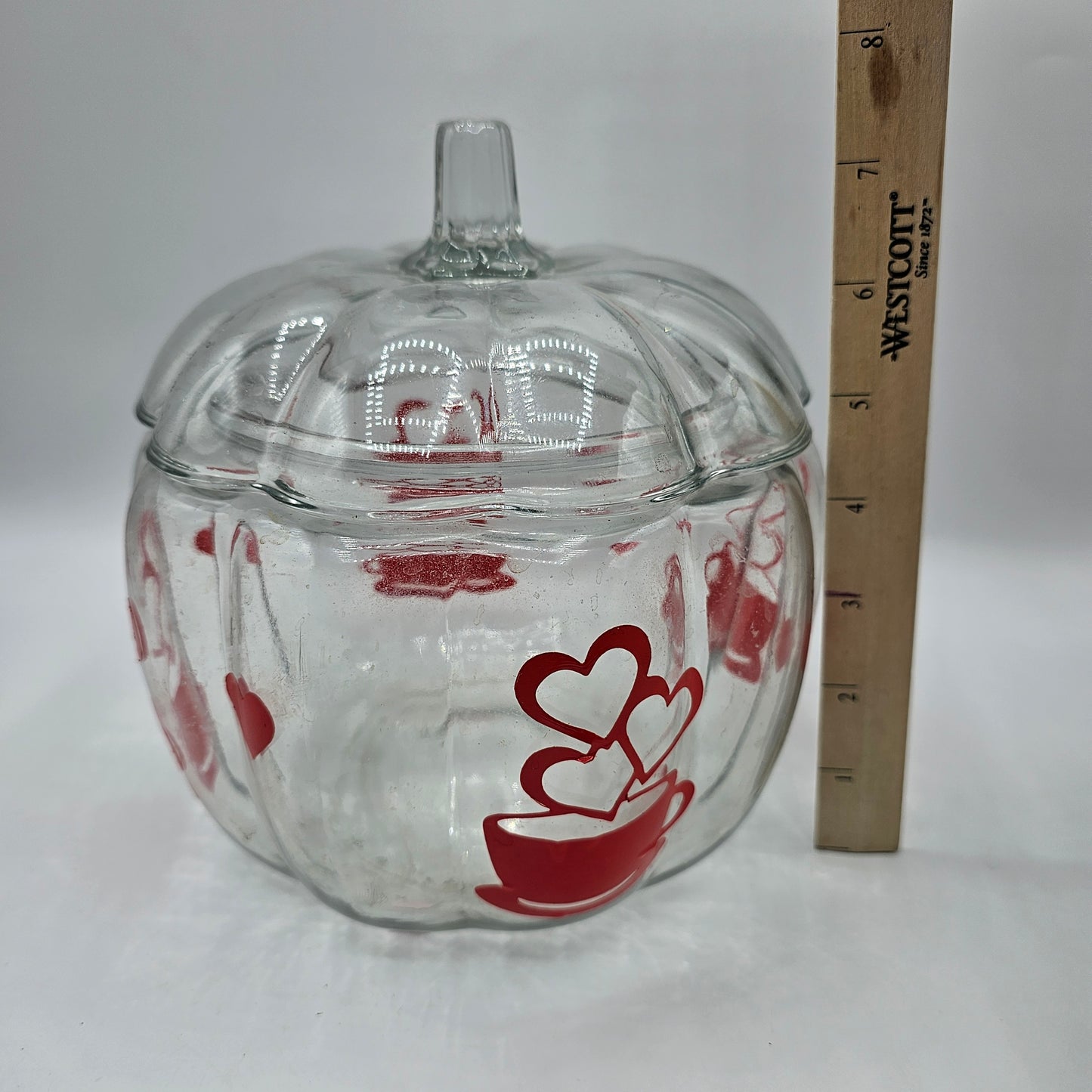 Glass Pumpkin Lidded Cookie Jar with Red Coffee Stickers (easily removed)