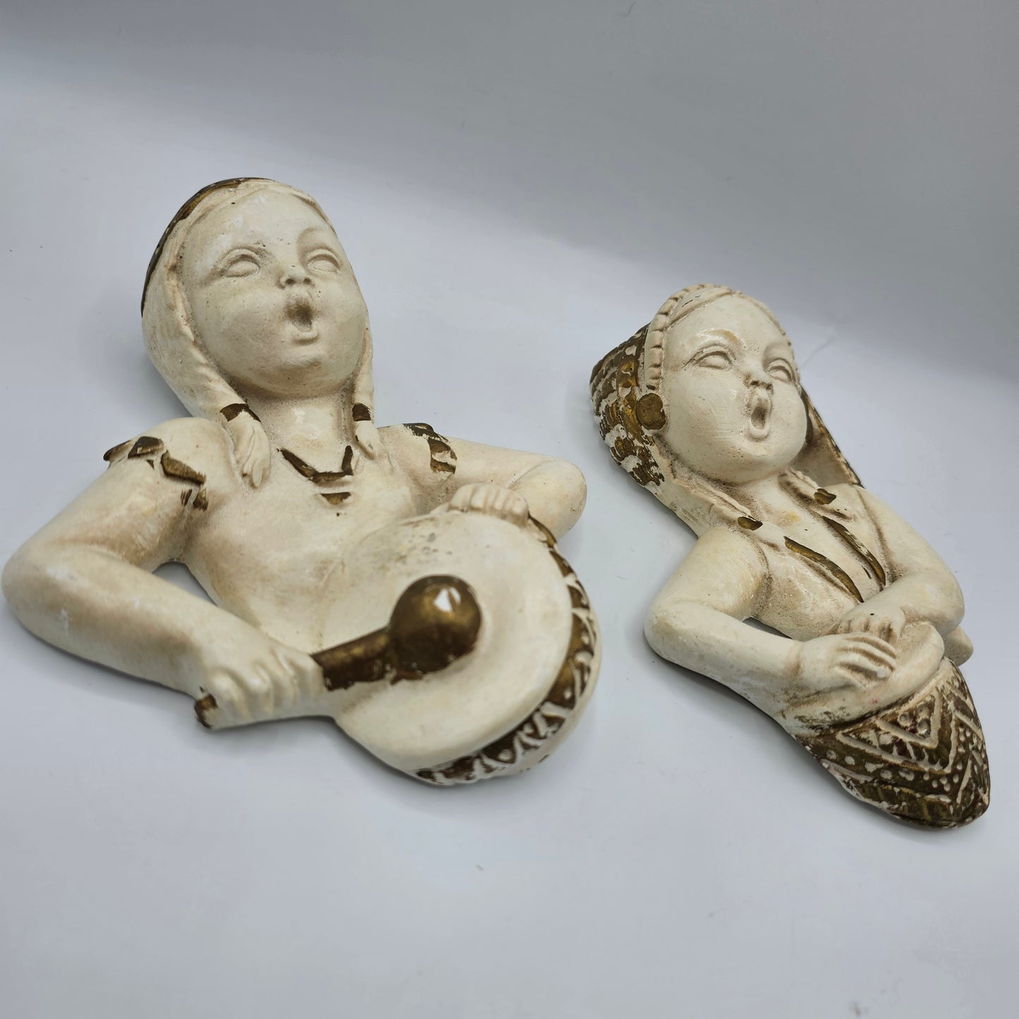 Native American Girls with Drums Chalkware Wall Hanging - Set of 2