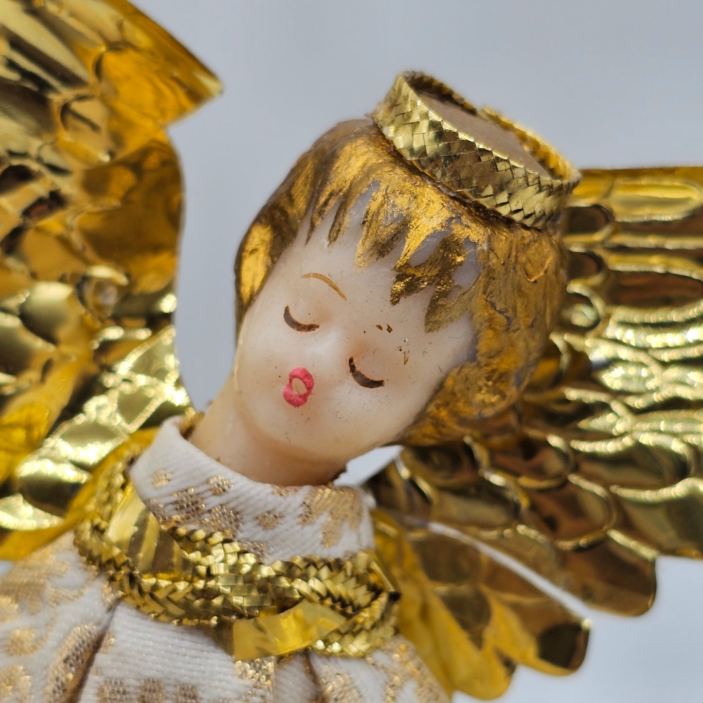 Vintage German Wax Face and Hands Gold Angel Tree Topper 1950's By Koestel (damage noted)