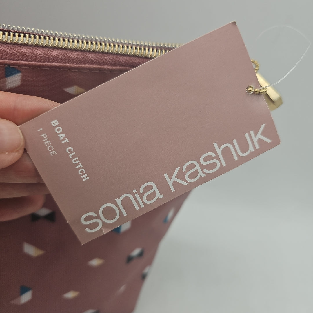 Sonia Kashuk Dusty Pink Boat Clutch - Zip Up Cosmetic Bag with Geometric Triangles Pattern