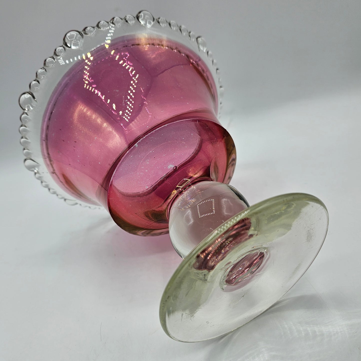 Vintage Cranberry Red Painted Glass Pedestal Candy Bowl with Beaded Rim (some wear to paint)