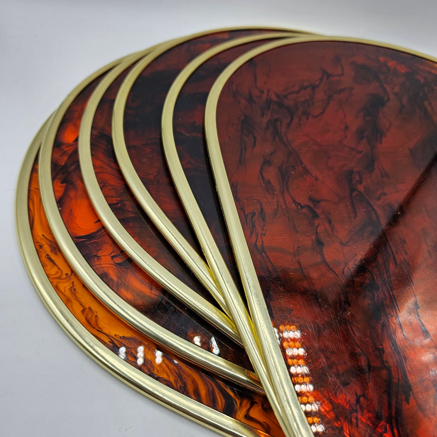 Vintage Tortoiseshell Lucite Placemats with Gold Tone Metal Rim - Set of 6