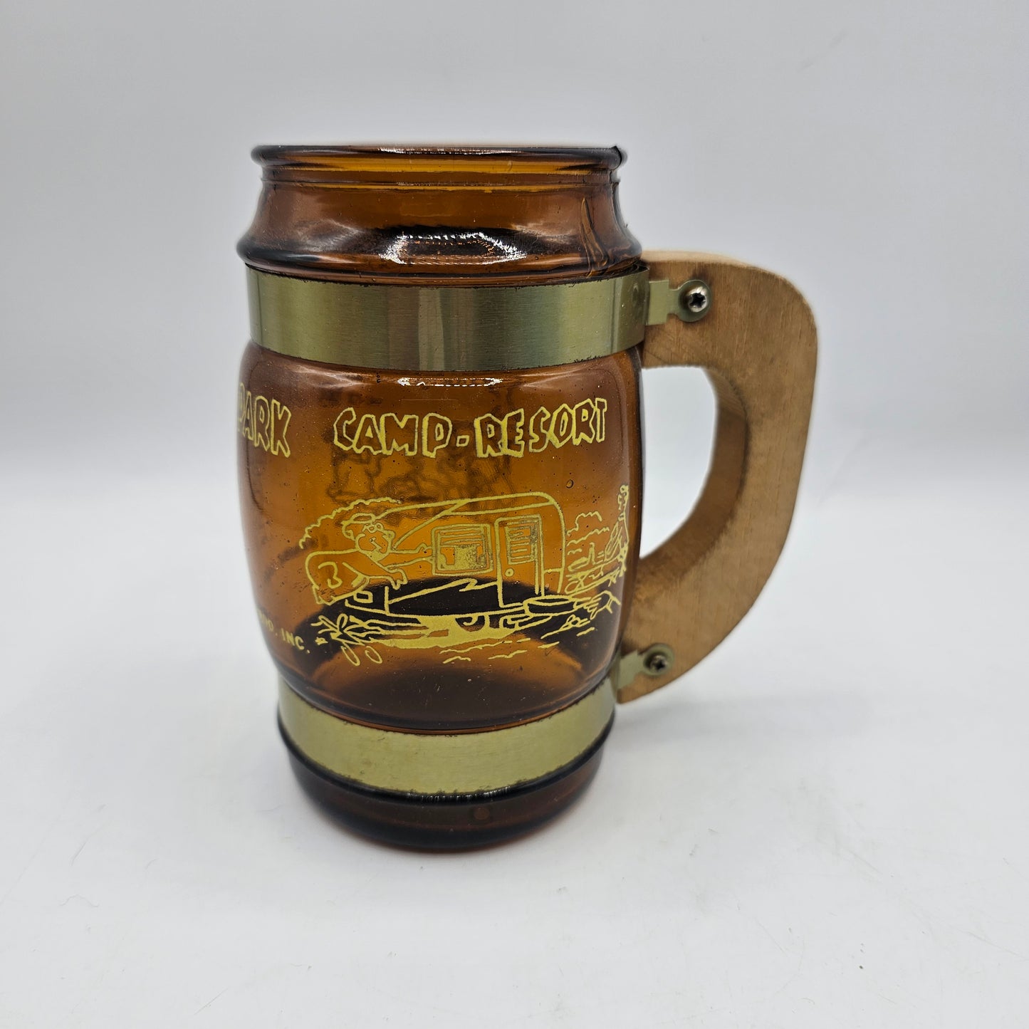 Yogi Bear Jellystone Park Amber Glass Mug - Siesta Ware Style Mug with Brass Bands and Wooden Handle