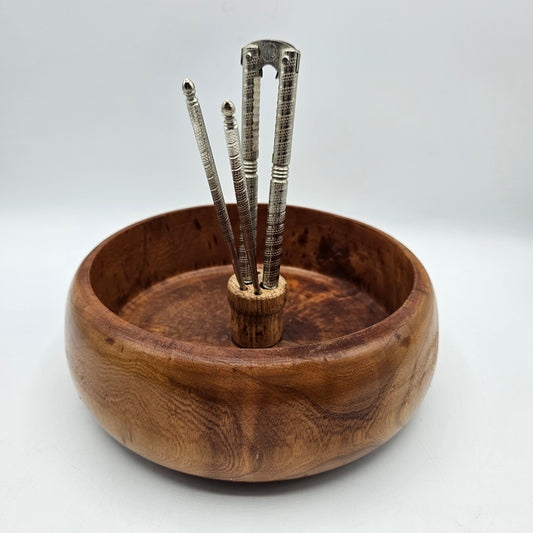 Carved Teak Wood Nut Dish, Metal Nut Crackers, and 2 Nut Picks
