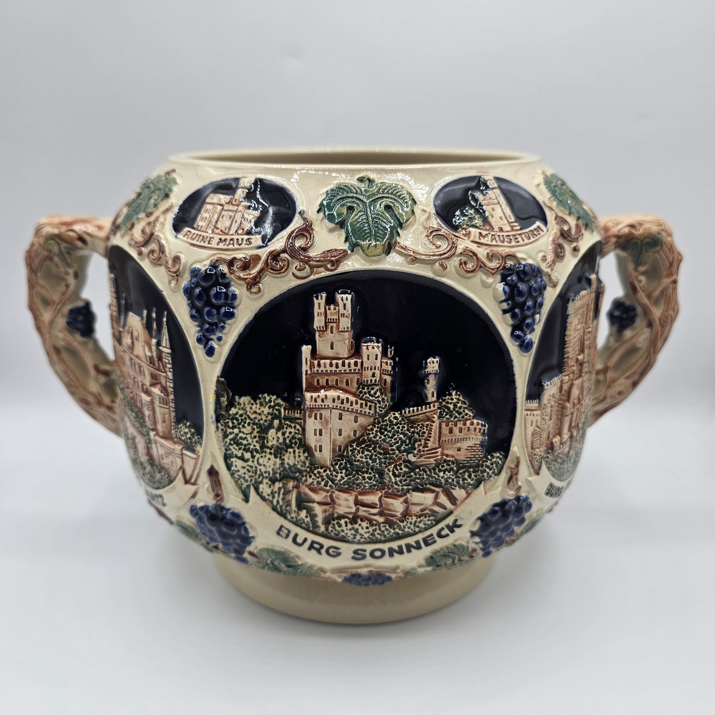 Vintage Gerz Gerzit German Rumtopf Stoneware Punch Bowl / Planter with Relief Rhine Castles