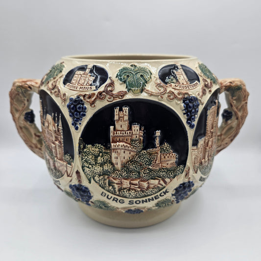 Vintage Gerz Gerzit German Rumtopf Stoneware Punch Bowl / Planter with Relief Rhine Castles