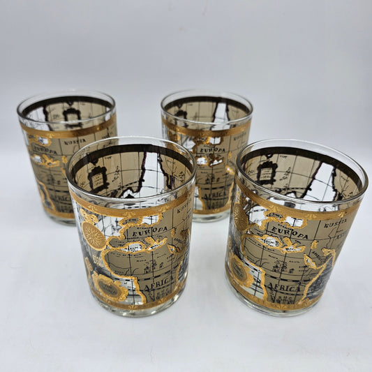 Vintage Cera Old World Globe Map Lowball Whiskey Glasses Tumblers with Applied Gold Design - Set of 4