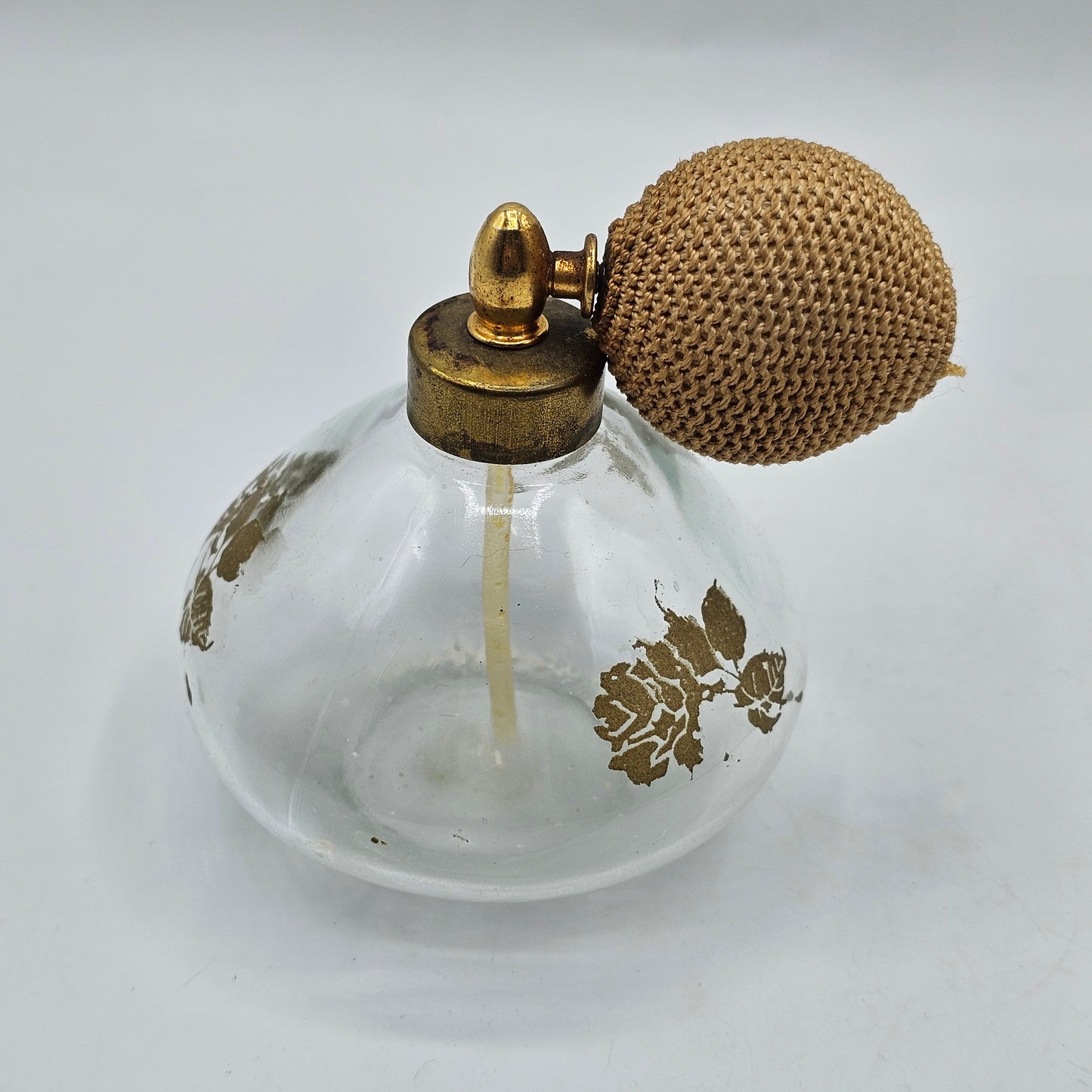 Vintage Glass Perfume Atomizer with Painted Gold Roses and Original Bulb