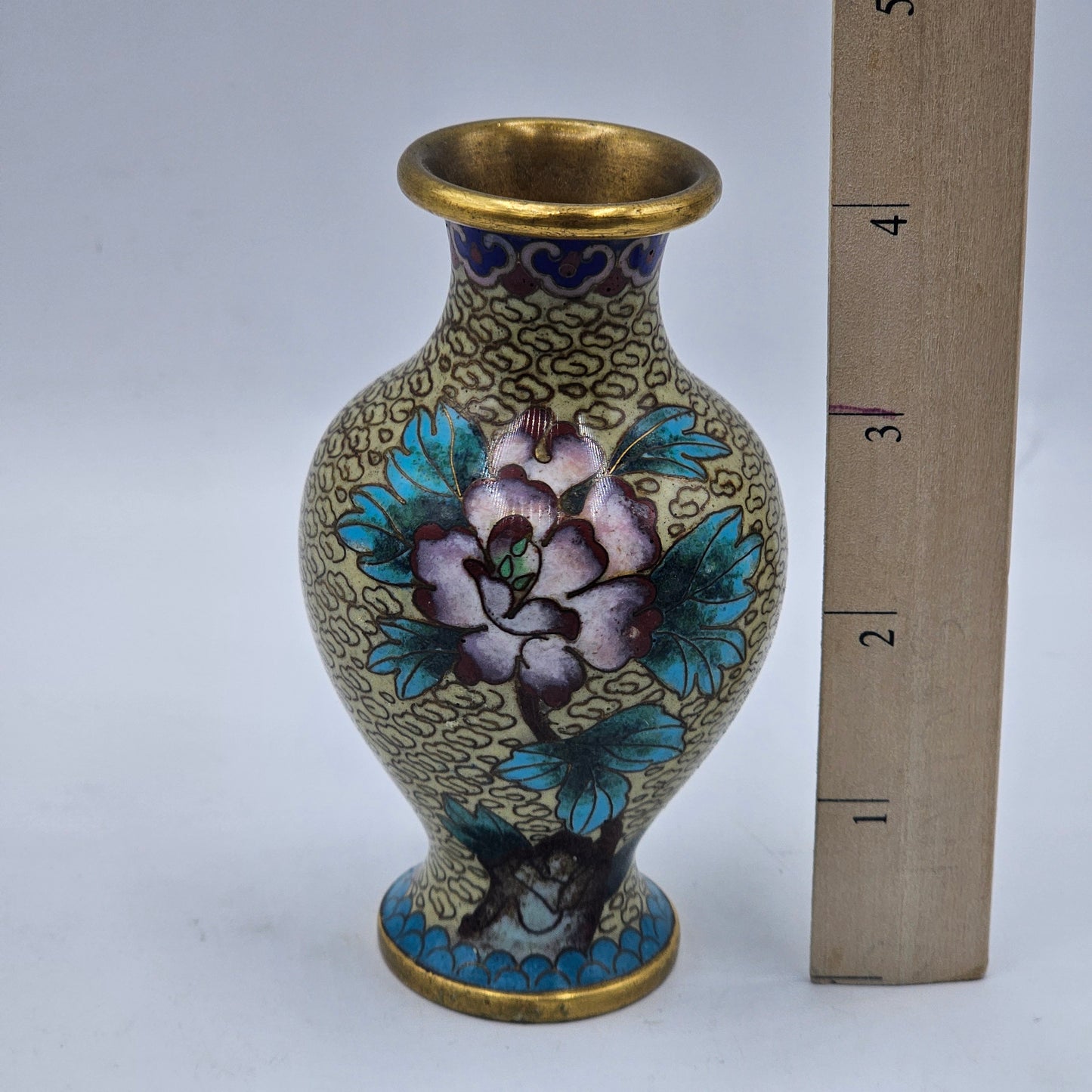 Enamelled Cloisonne Style Bud Vase - Gold Tone Metal with Floral Design