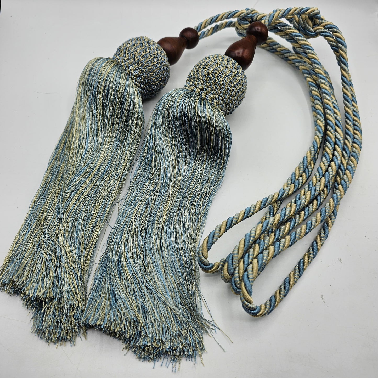 Drape or Curtain Tassel Tiebacks - Pair in Blue and Yellow