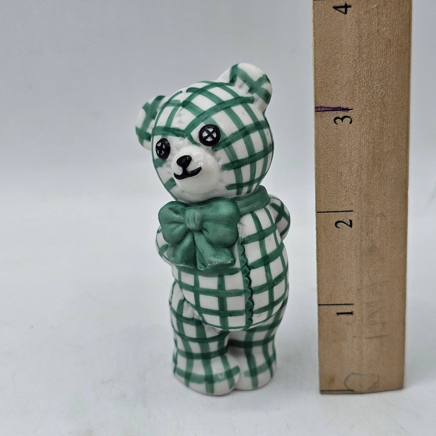 Green Gingham Porcelain Teddy Bear Figurine 1991