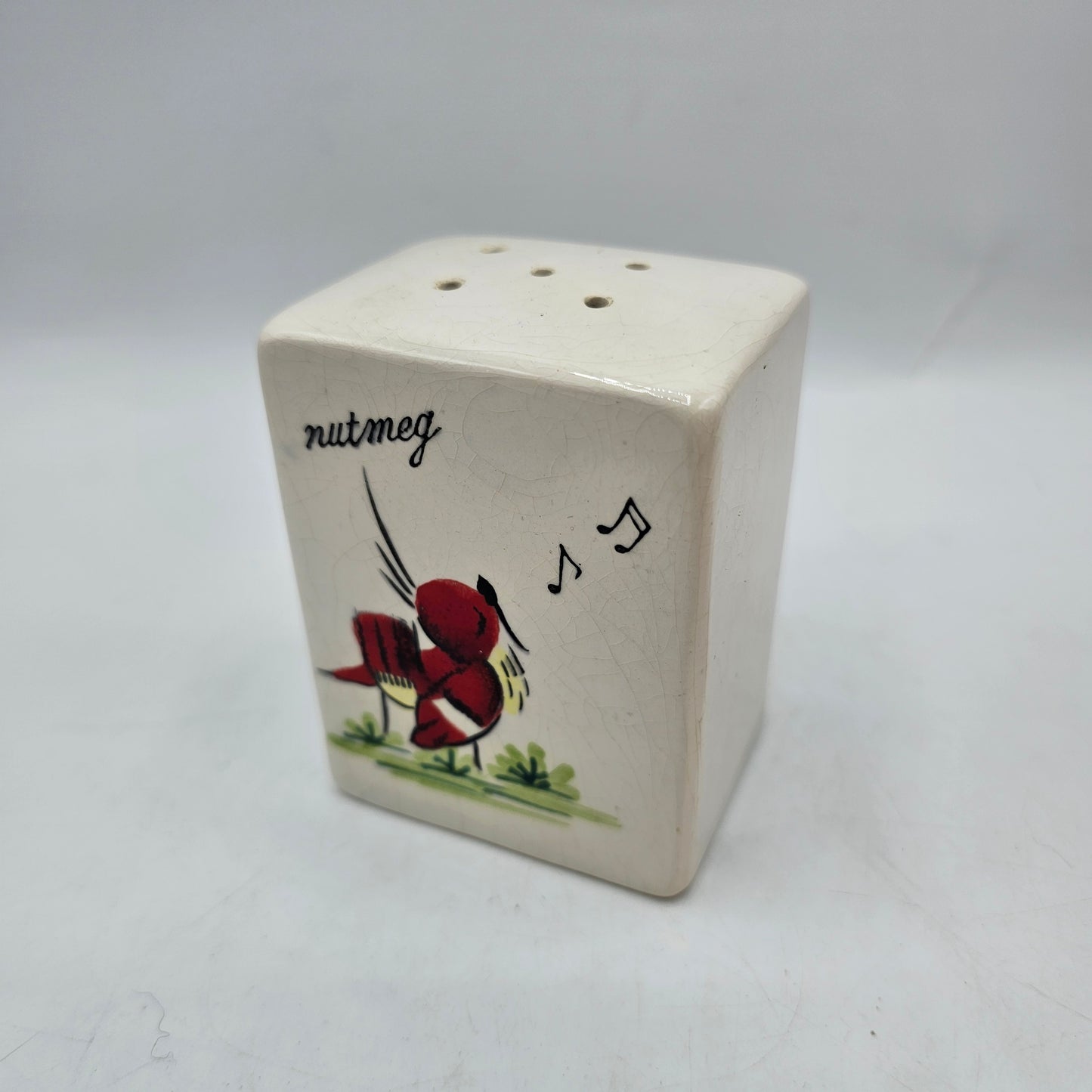 Vintage Ceramic Nutmeg Shaker with Red Song Bird and Natural Crazing