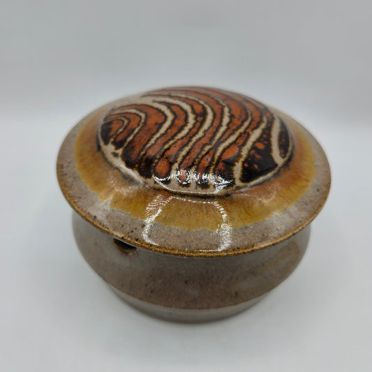 Art Pottery Lidded Jelly Jar or Honey Pot with Swirl Design and Spoon Cutout