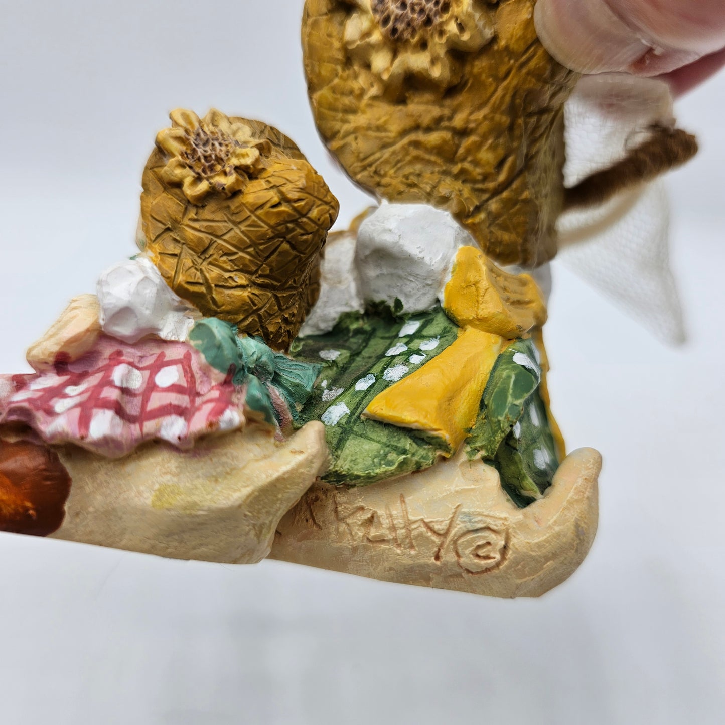 L'il Luvables Mama Duck and Duckling in Sunflower Straw Hats and Butterfly Net Figurine by Russ Berrie