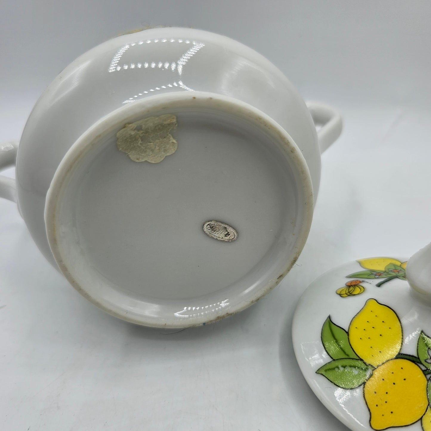 Vintage Lemon and Bee Themed Sugar Bowl with Lid and Handles
