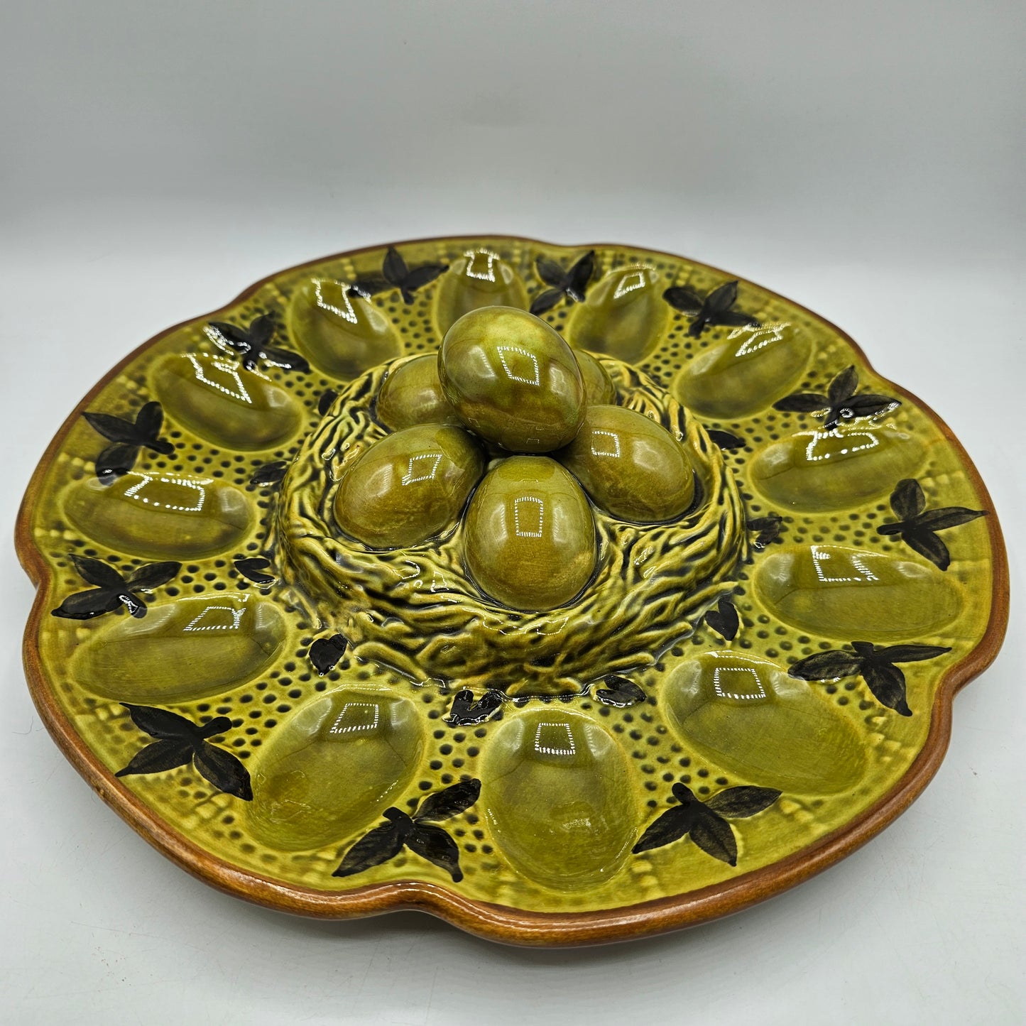 Vintage Avocado Green Glazed Devilved Egg Serving Dish with Eggs on a Nest