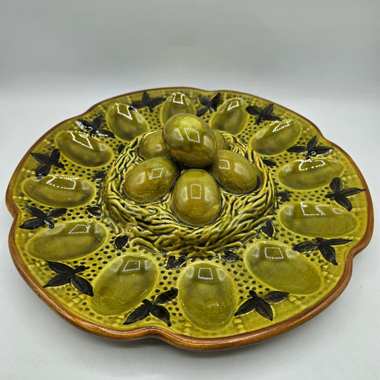 Vintage Avocado Green Glazed Devilved Egg Serving Dish with Eggs on a Nest