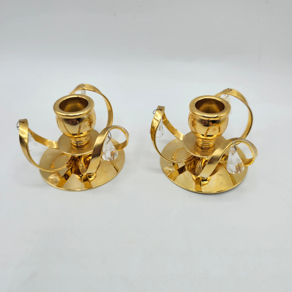 Vintage 24k Gold Plated Mini Taper Candlesticks with Hanging Strass Crystal Drops by Lycenta of Sweden