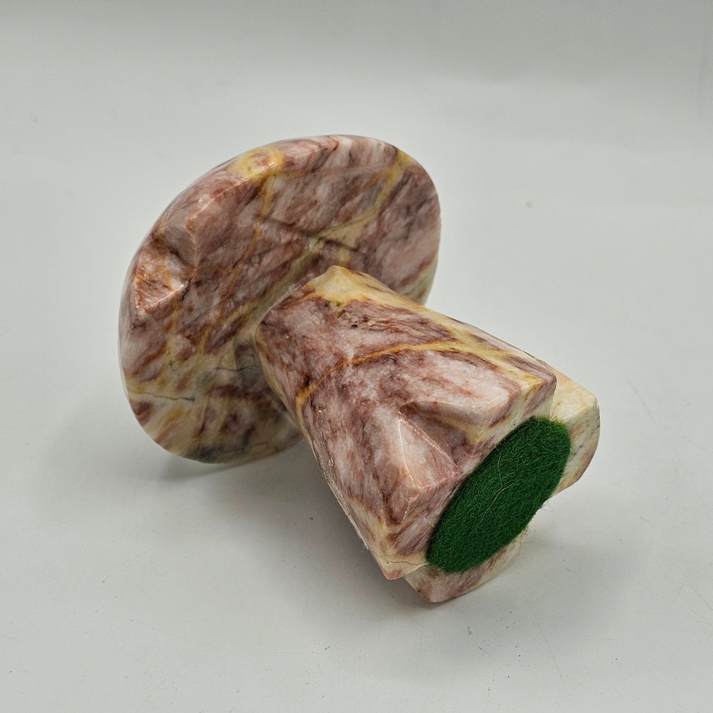 Pink and Yellow Carved Stone Mushroom Figurine