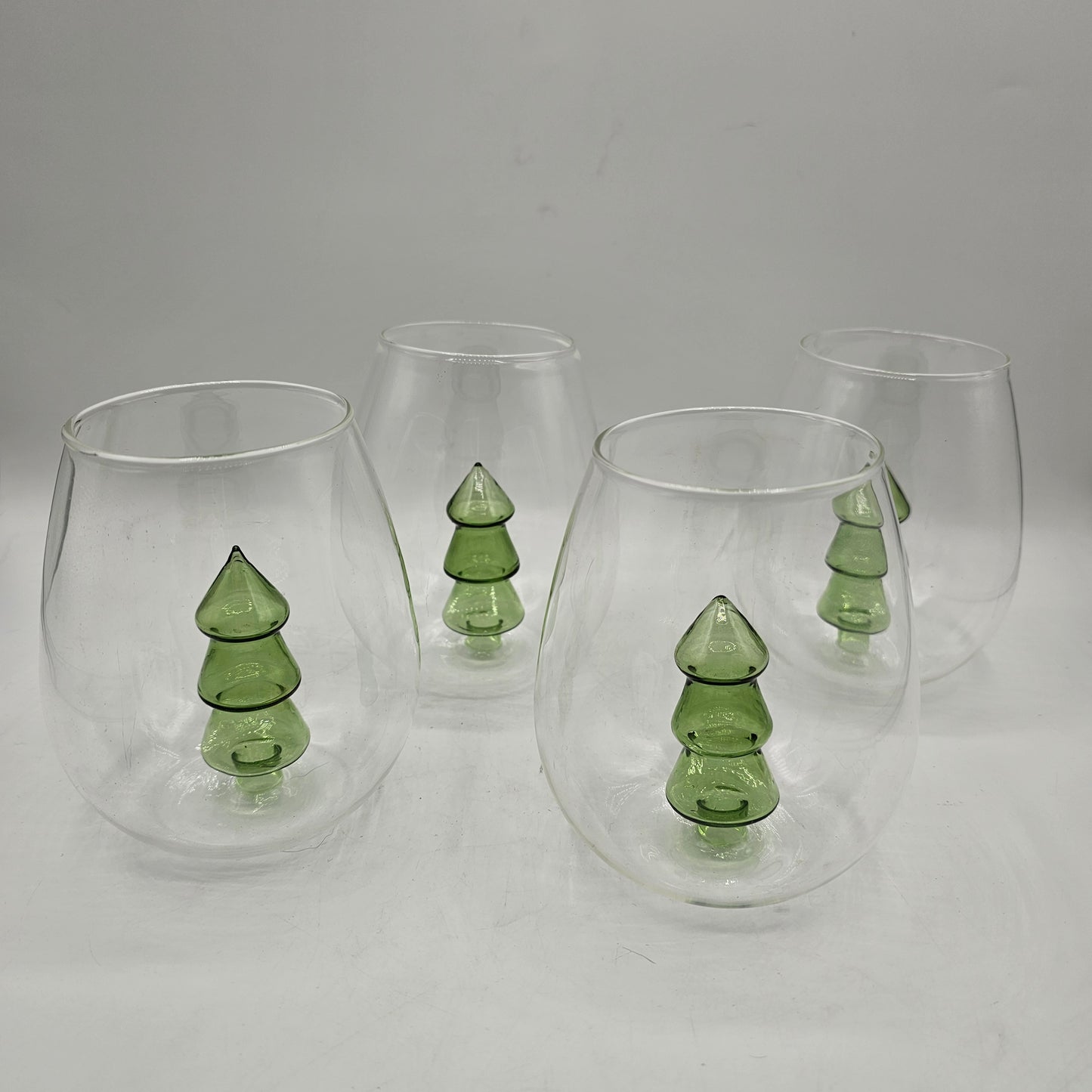 Anthropologie Stemless Wine Glasses with Figural Green Glas Christmas Tree Inside - Set of 4