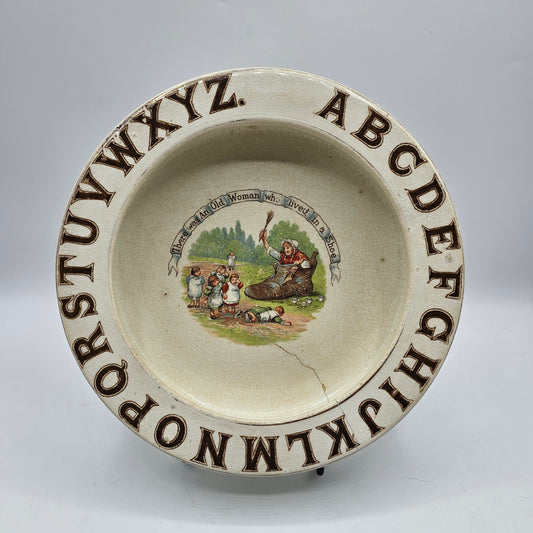 Antique German Childs Porcelain Serving Bowl with ABC Nursery Rhyme Design - There was an old woman... - Wall Hanger Included