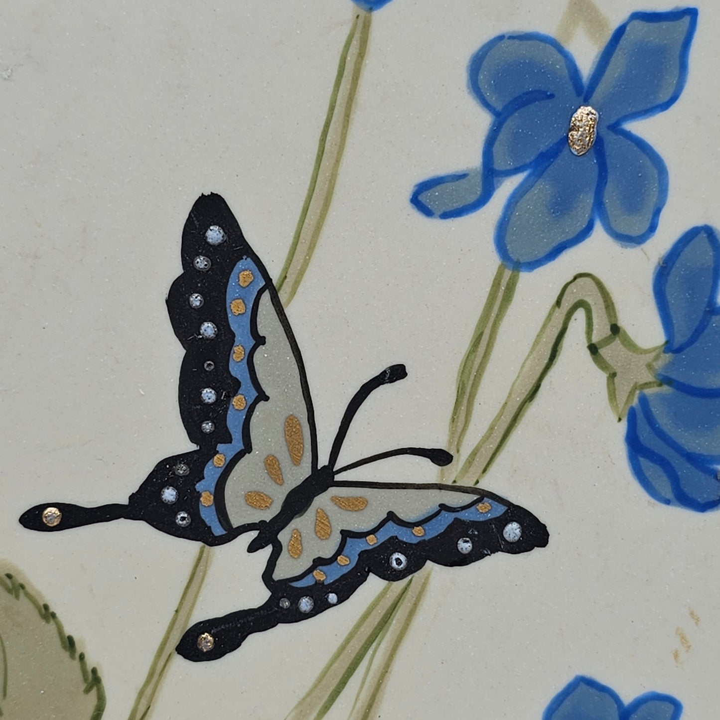 Vintage Alberta's Molds Ceramic Hand Painted Plaque with Butterflies, Blue Flowers and Gold Trim 1982