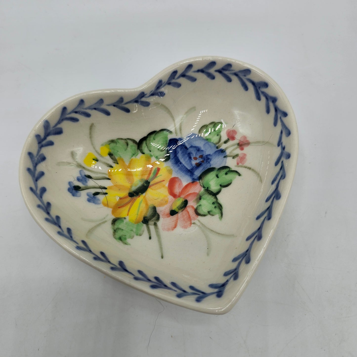 Small Porcelain Heart Shaped Ring or Trinket Dish with Hand Painted Flowers
