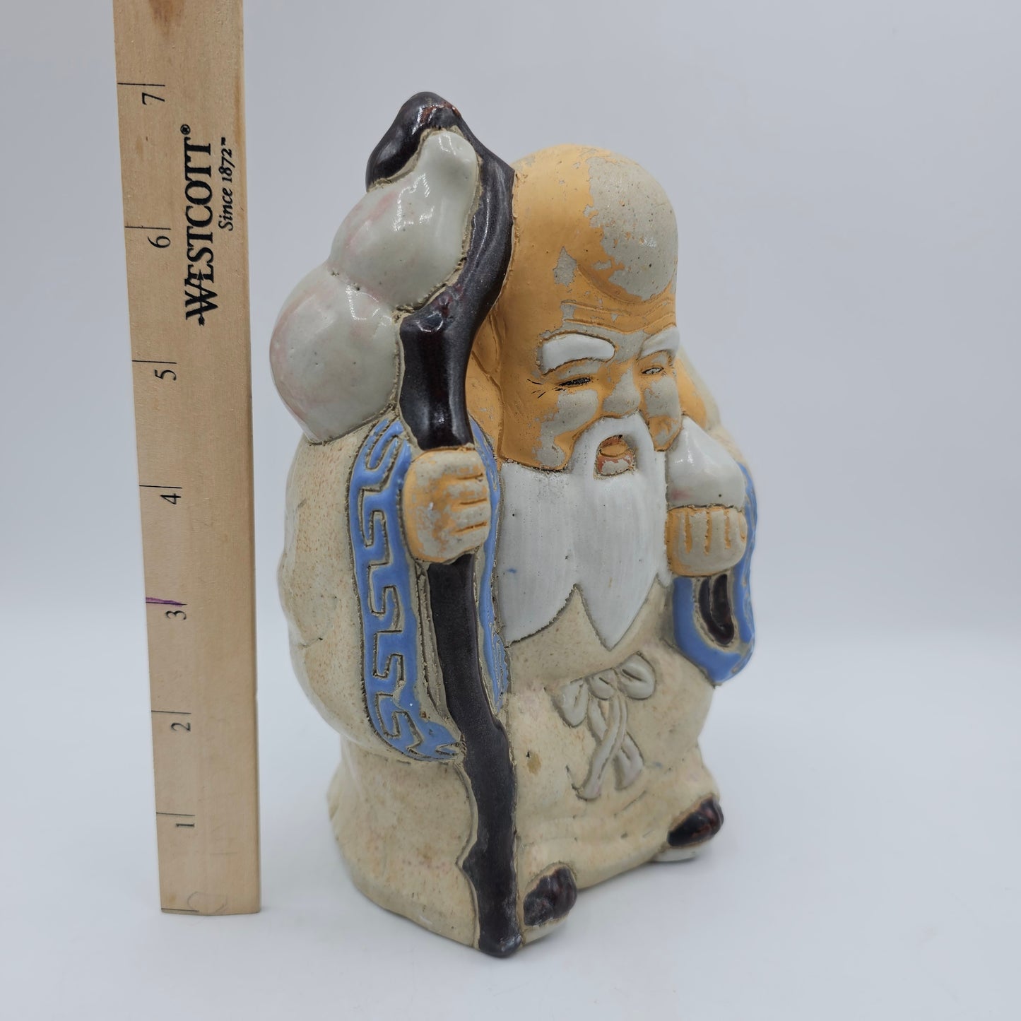 Vintage Chinese Mud Man God of Longevity Pottery Coin Bank