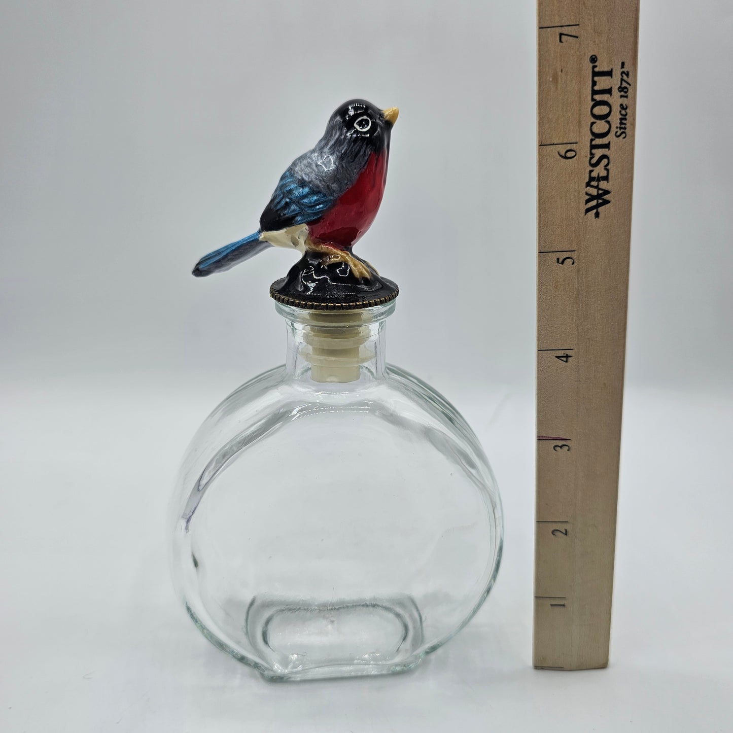 Glass Bottle with Hand Painted Ceramic Bird Stopper