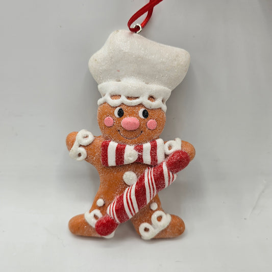 Resin Gingerbread Man Chef with Candy Cane Rolling Pin Christmas Tree Ornament